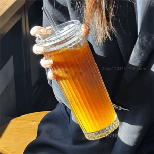 600ML Stripe Glass Cup With Lid and Straw Thickened Transparent Coffee Cup Drinking Glasses For Milk Tea Juice Iced Coffee Mugs - Image 5