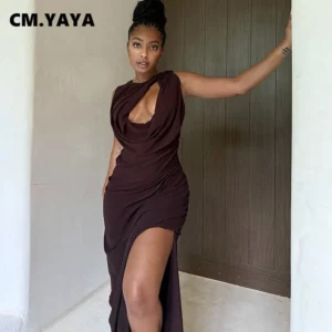 CM.YAYA Women Sleeveless Cutout Front Pile High Side Split Maxi Long Slim Dress Summer Club Sexy Night Party Dresses Vestidos - Image 2