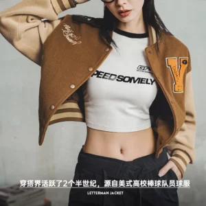 Maden Vintage Collegiate Baseball Jacket with Letter Embroidery Woolen Thicker Short Versatile Coat for Women's Fall and Winter - Image 2