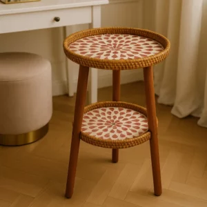 Double-Layer Rattan Coffee Table with Wood Legs, Artistic Mosaic Top, Rustic Boho Decor Table for Indoors and Outdoors - Image 4