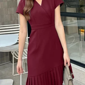2025 ZANZEA Elegant Women V Neck Short Sleeve Work Dresses 2025 Summer Dress Stylish Solid A Line Pleated Party Vestidos Robe - Image 2