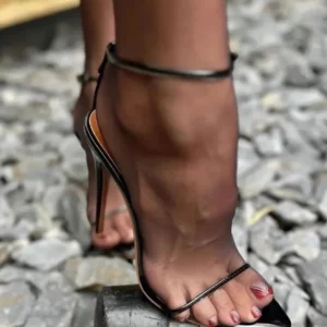 Strap sandals for women in summer, thin heels with pointed toes, black, sexy, exposed toes, slim straps, elegant women's shoes - Image 1