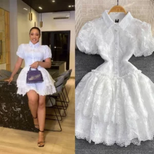 Women Vintage Lace Gown Dress Turn Down Collar Puff Sleeve Mini Dresses Single Breasted Spliced Elegant Vestidos Summer - Image 1
