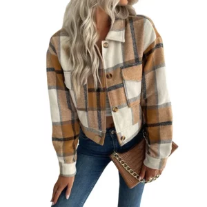 2024 Print Plaid Turn Down Collar Women Full Sleeve Cardigan Short Coats Autumn Winter Single Breasted Button Regular Jackets - Image 4