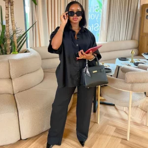 African Women's Wear Suit Elegant Lapel Shirt Women's Casual Loose High Waist Slimming Wide Leg Pants European and American Two- - Image 2