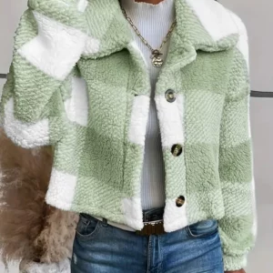 Warm Coat for Women 2024 Sutumn Winter Plaid Pattern Turn-Down Collar Long Sleeve Button Front Teddy Coat Jacket - Image 2