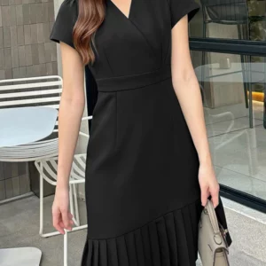 2025 ZANZEA Elegant Women V Neck Short Sleeve Work Dresses 2025 Summer Dress Stylish Solid A Line Pleated Party Vestidos Robe - Image 3