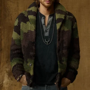 New Men's Camouflage Jacquard Sweater Lapel Cardigan Knit Jacket Single-breasted Winter Thick Coat Vintage Outerwear Jerseis 3XL - Image 3