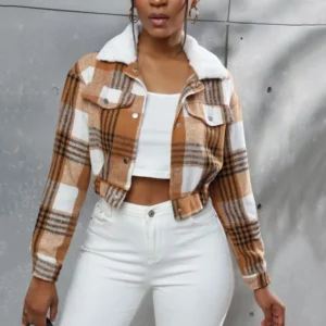 Women Coat Short Type Plaid Print Turn-down Collar Long Sleeves Coat Stretchy Hem Single-breasted Fall Winter Jacket - Image 1