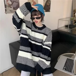Striped Sweaters Women Loose Slouchy Casual Pullovers All-match Autumn Winter Keep Warm Knitwear Vintage Temper Tender Daily Ins - Image 4