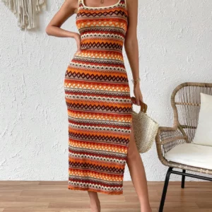 Chevron Backless Split Hem Tank Dresses for Women, Boho Chic Sleeveless Scoop Neck Long Dress for Beach Holiday Vacation, Dress - Image 1
