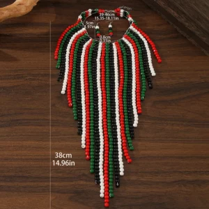African Wood Beads Multi-layer Tassel Necklace Earrings Set Bohemia Colorful Beaded Choker for Women Jewelry Set Wedding Party - Image 3