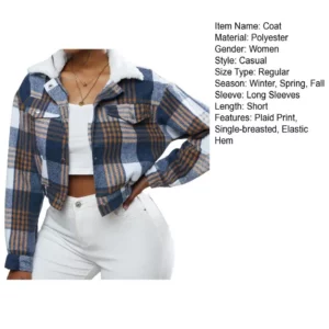 Women Coat Short Type Plaid Print Turn-down Collar Long Sleeves Coat Stretchy Hem Single-breasted Fall Winter Jacket - Image 5