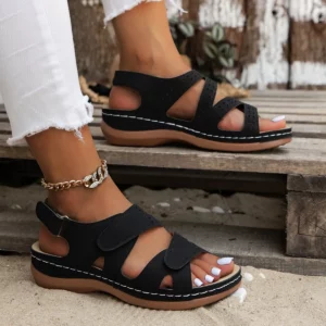 2025 new style of thick-soled hollowed-out slope and Roman Velcro solid color breathable toe-exposing women's sandals - Image 3