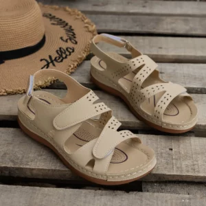 2025 new style of thick-soled hollowed-out slope and Roman Velcro solid color breathable toe-exposing women's sandals - Image 2