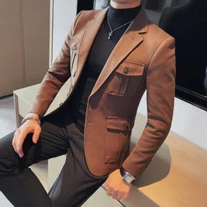 Winter Woolen Suit Jacket for Men Multiple Pockets Slim Fit Casual Business Blazers Masculino Wedding Streetwear Social Coats - Image 2