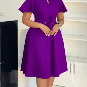 Women's plus Size Swing Dress Summer 2025 Fashion Temperament Solid Color Lace-Up Short-Sleeved Elegant Casual Maxi Dress - Image 3