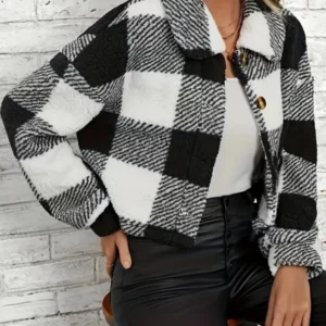 Warm Coat for Women 2024 Sutumn Winter Plaid Pattern Turn-Down Collar Long Sleeve Button Front Teddy Coat Jacket - Image 4