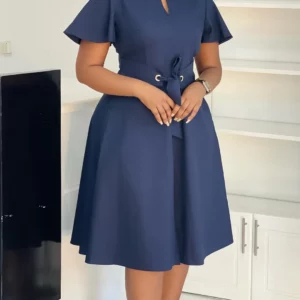 Women's plus Size Swing Dress Summer 2025 Fashion Temperament Solid Color Lace-Up Short-Sleeved Elegant Casual Maxi Dress - Image 1