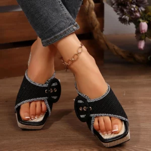 Women'S Thick Heel Metal Buckle Slippers With Straight Strap Beach Sandals Western Cowboy Style Chunky Heel Platform Slippers - Image 2