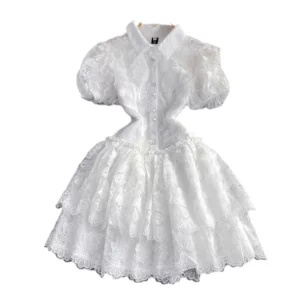 Women Vintage Lace Gown Dress Turn Down Collar Puff Sleeve Mini Dresses Single Breasted Spliced Elegant Vestidos Summer - Image 7