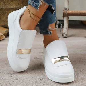 Fashion Metal Decor White Sneakers for Women Lightweight Slip-On Casual Shoes Woman PU Leather Platform Sports Shoes Plus Size - Image 4