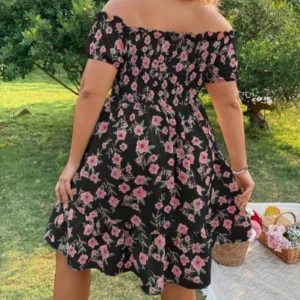 Women's Summer Loose Off Shoulder Dress Stylish Floral Print Vacation Style Boat Neck Short Sleeve A-Line Mini Plus Size Dresses - Image 2