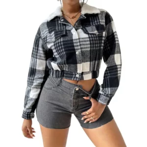 Women Coat Short Type Plaid Print Turn-down Collar Long Sleeves Coat Stretchy Hem Single-breasted Fall Winter Jacket - Image 4