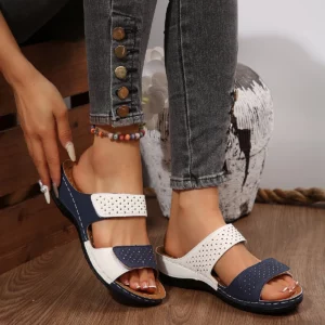 Summer 2025 new hollowed-out European and American sandals with wedge heels, plus-size women's color-blocked slippers - Image 2