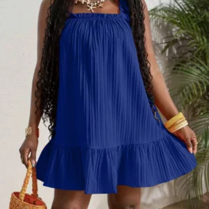 VONDA Plus Size Women Summer Dress Bohemian Beach Sundress 2025 Straps Sleevelss Solid Ruffled Vestido Casual Pleated Robe - Image 3