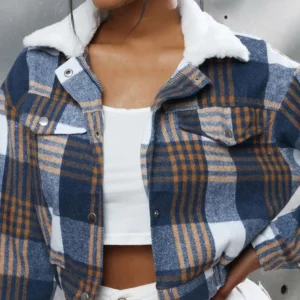 Women Coat Short Type Plaid Print Turn-down Collar Long Sleeves Coat Stretchy Hem Single-breasted Fall Winter Jacket - Image 3