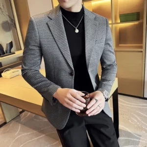 Autumn Winter Simple Plaid Suit Jacket Men Slim Casual Business Men Blazers Fashion Wedding Groom Banquet Social Dress Jackets - Image 3