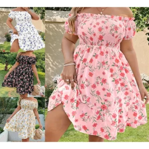Women's Summer Loose Off Shoulder Dress Stylish Floral Print Vacation Style Boat Neck Short Sleeve A-Line Mini Plus Size Dresses - Image 3