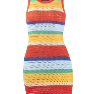 Women Panelled Striped Knitted Hollow Out Mini Dress Casual Tank Sleeveless Bodycon Hot Girl Streetwear Outfit - Image 4