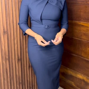 Fashion Solid Color Asymmetrical Long Sleeve Bodycon Dress Business Attire Women Elegant Office Lady Slim Fit Workwear - Image 1