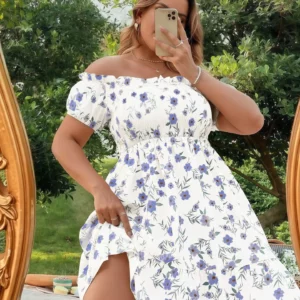 Women's Summer Loose Off Shoulder Dress Stylish Floral Print Vacation Style Boat Neck Short Sleeve A-Line Mini Plus Size Dresses - Image 5