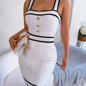 Women Summer Casual Color Block Button Bodycon Dress Knitwear - Image 4