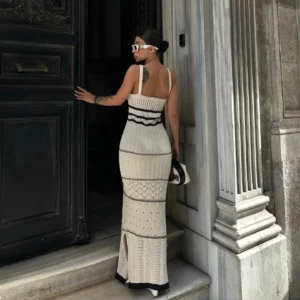 Summer Knit Bohemian Halter Dress Hollow Striped Out Pure Slim-fit Buttock Wrap Maxi Summer Sexy Vneck Dress O-Neck Vestidos - Image 4