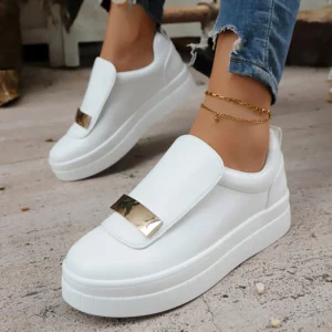 Fashion Metal Decor White Sneakers for Women Lightweight Slip-On Casual Shoes Woman PU Leather Platform Sports Shoes Plus Size - Image 1