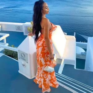 Dress V-neck long dresses backless fashion sexy camisole women dress summer party dress print orange long skirt evening dresses - Image 2