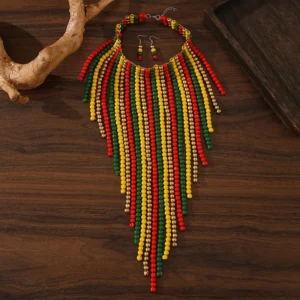 African Wood Beads Multi-layer Tassel Necklace Earrings Set Bohemia Colorful Beaded Choker for Women Jewelry Set Wedding Party - Image 4