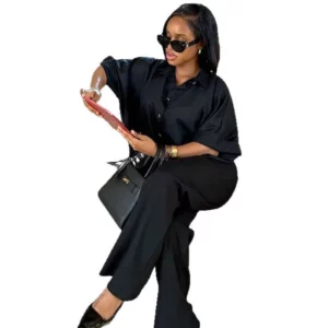 African Women's Wear Suit Elegant Lapel Shirt Women's Casual Loose High Waist Slimming Wide Leg Pants European and American Two- - Image 5