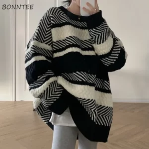 Striped Sweaters Women Loose Slouchy Casual Pullovers All-match Autumn Winter Keep Warm Knitwear Vintage Temper Tender Daily Ins - Image 6