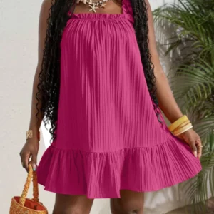 VONDA Plus Size Women Summer Dress Bohemian Beach Sundress 2025 Straps Sleevelss Solid Ruffled Vestido Casual Pleated Robe - Image 2