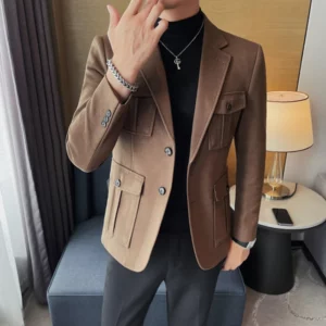 Winter Woolen Suit Jacket for Men Multiple Pockets Slim Fit Casual Business Blazers Masculino Wedding Streetwear Social Coats - Image 5