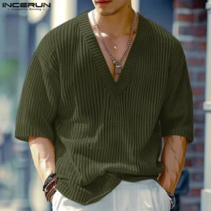 INCERUN Men V Neck Half Sleeve Solid Color Ribbed Knitted Shirts - Image 4