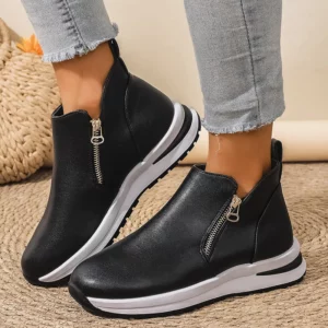 Black PU Leather Platform Sneakers for Women Fashion Double Zipper High Top Sports Shoes Woman Thick Sole Non Slip Short Boots - Image 1
