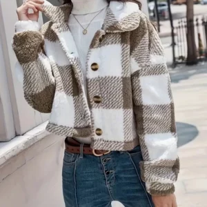 Warm Coat for Women 2024 Sutumn Winter Plaid Pattern Turn-Down Collar Long Sleeve Button Front Teddy Coat Jacket - Image 3