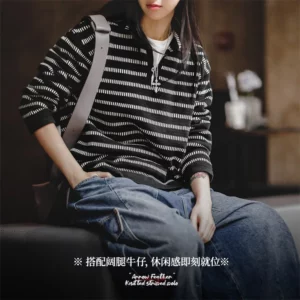 Maden Arrow Feature Knitted Striped Polo for Women Soft and Comfortable Sweater Autumn and Winter Unisex Thick Pullover - Image 4