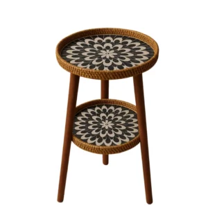 Double-Layer Rattan Coffee Table with Wood Legs, Artistic Mosaic Top, Rustic Boho Decor Table for Indoors and Outdoors - Image 6